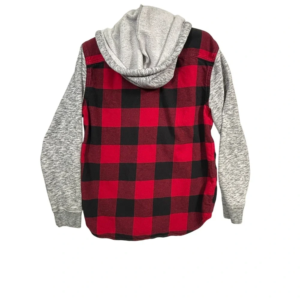 Hollister Hooded Flannel Mens M Buffalo Plaid Red Black Hoodie Shacket Shirt